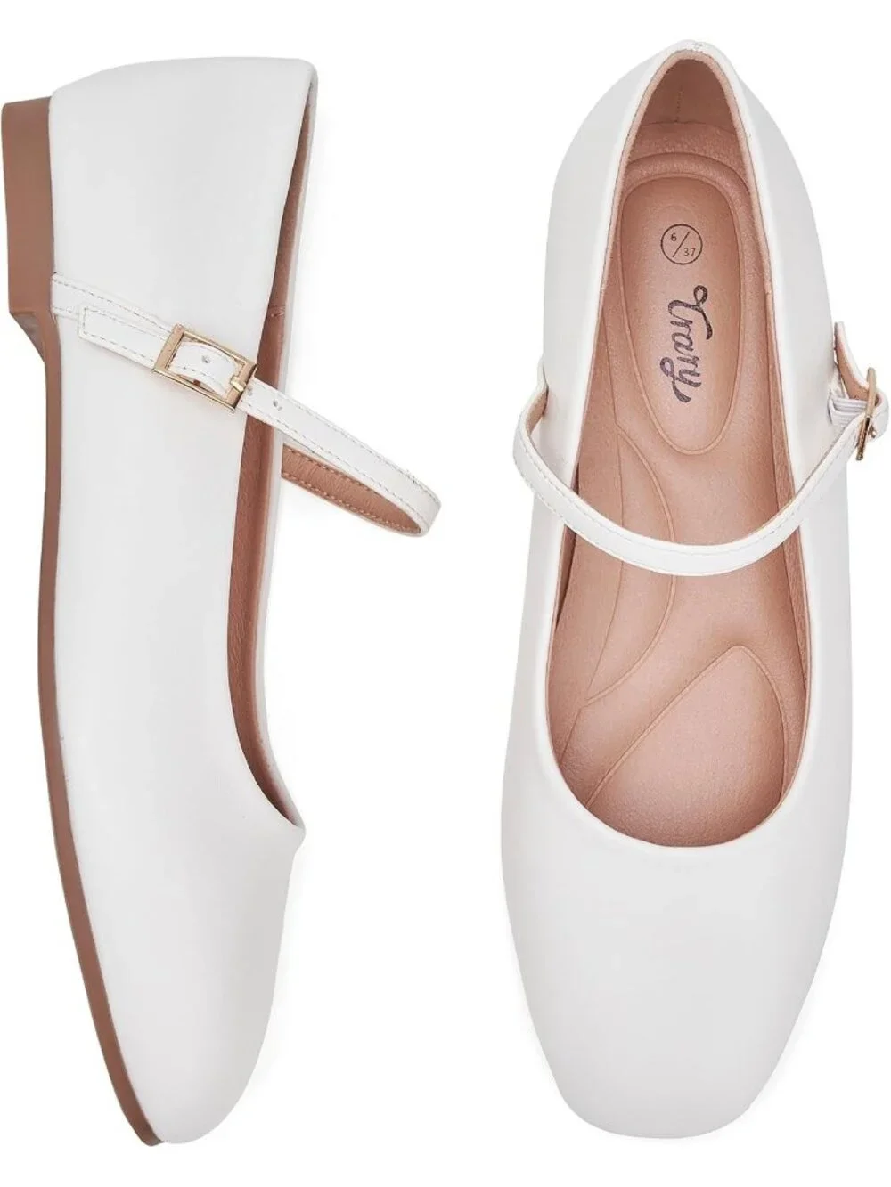 Women's White Square Toe With Adjustable Buckle Strap Ballet Flat Slip On Shoes